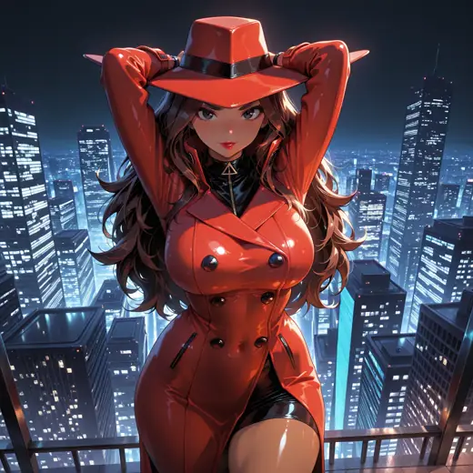 Carmen Sandiego in a vivid red coat and hat above a blue city skyline at night.