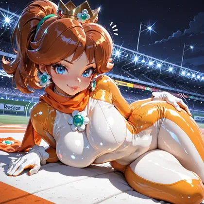 Princess Daisy in an orange and white Mario Kart World racing outfit under bright stadium lights.