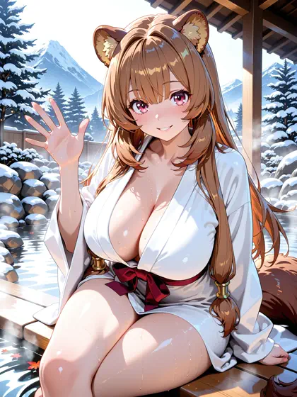 Raphtalia with warm brown hair and a white robe in a snowy mountain setting.