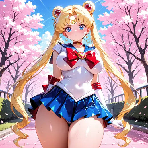Sailor Moon in her blue, red, and gold costume on a bright cherry-blossom path.