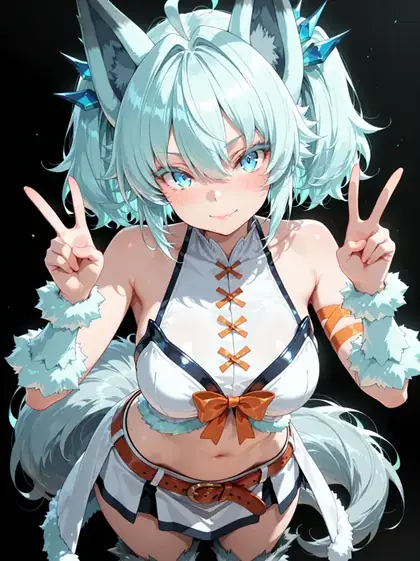 Setsuna with pale blue hair, crystal accents, and a dark studio background.