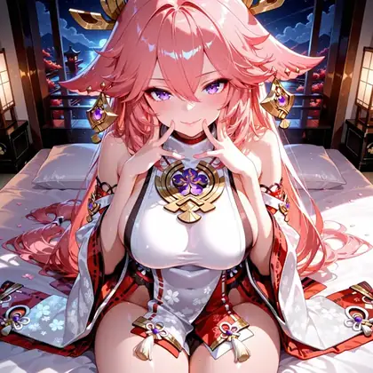 Yae Miko in layered pink and white shrine colors inside a moonlit Japanese room.
