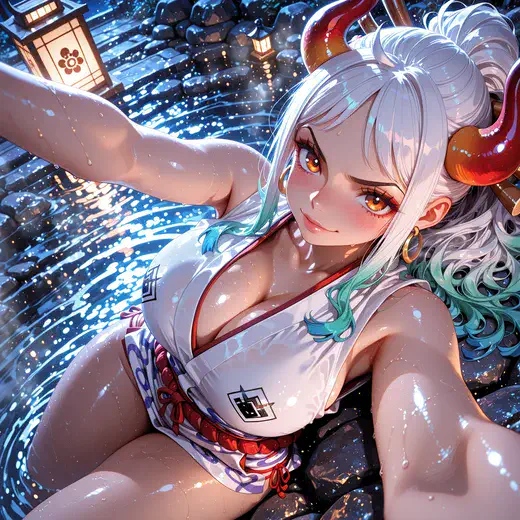 Yamato One Piece Video with white hair in cool water beneath lantern light and falling snow.